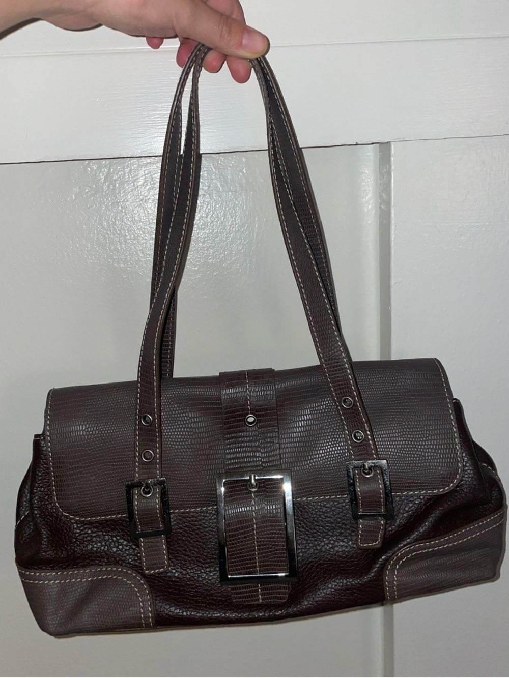 Vintage Dark Brown Shoulder Bag with Buckle Accent